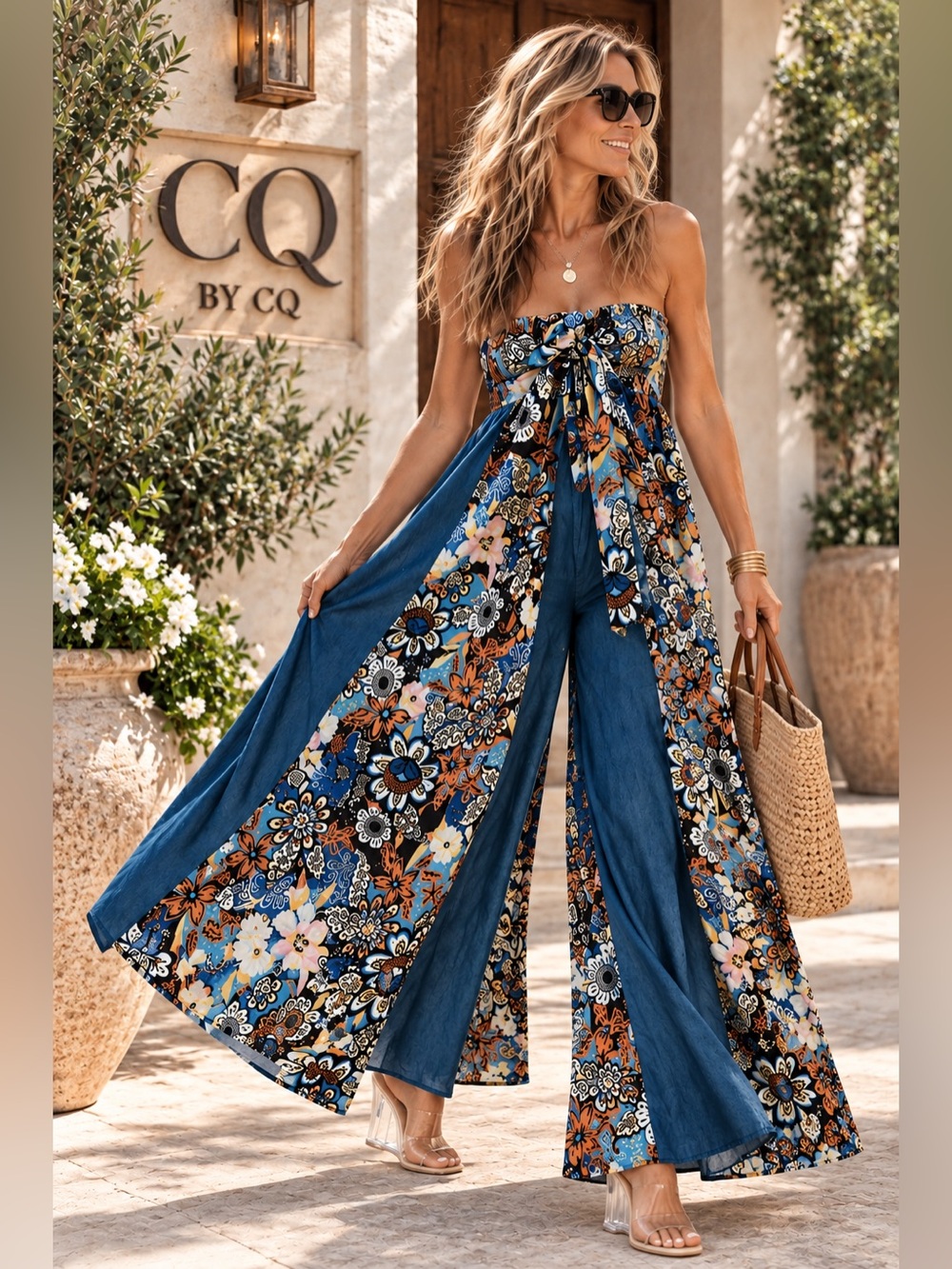 CQ by CQ Convertible Boho Palazzo Pants Strapless Dress Resort Floral Size Med. - Picture 1 of 7